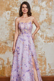 Gorgeous A Line Spaghetti Straps Light Purple Long Prom Dress with Appliques