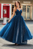 Navy A-Line V-Neck Long Beaded Tulle Ball Dresses With Pleated