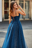 Navy A-Line V-Neck Long Beaded Tulle Ball Dresses With Pleated