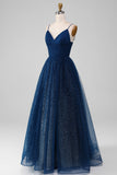 Sparkly Navy Ball-Gown V-Neck Long Beaded Tulle Ball Dresses With Pleated