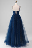 Sparkly Navy Ball-Gown V-Neck Long Beaded Tulle Ball Dresses With Pleated