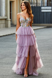 A-Line Tulle Long Corset Tiered Mauve Ball Dress With Appliques