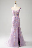 Mauve Off The Shoulder Long Embroidered Mermaid Ball Dress Slit