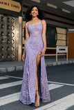 Stylish Mermaid Spaghetti Straps Lilac Long Ball Dress with Slit