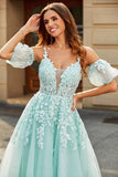 Mint Ball-Gown Detachable Sleeves Beaded Ball Dresses With Appliques