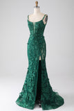 Dark Green Mermaid Spaghetti Straps Long Ball Dress with Appliques