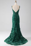 Dark Green Mermaid Spaghetti Straps Long Ball Dress with Appliques