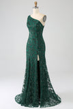 Sparkly Dark Green Beaded Long Mermaid Lace Ball Dress with Slit