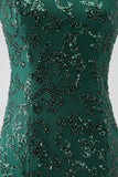 Sparkly Dark Green Beaded Long Mermaid Lace Ball Dress with Slit