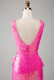 Sparkly Hot Pink Mermaid Ball Dress with Slit