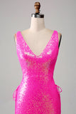 Sparkly Hot Pink Mermaid Ball Dress with Slit