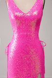 Sparkly Hot Pink Mermaid Ball Dress with Slit