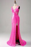 Sparkly Hot Pink Mermaid Ball Dress with Slit