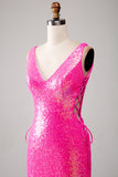 Sparkly Hot Pink Mermaid Ball Dress with Slit