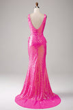 Sparkly Hot Pink Mermaid Ball Dress with Slit