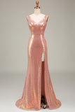 Sparkly Hot Pink Mermaid Ball Dress with Slit