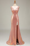 Sparkly Blush Mermaid V-Neck Long Ball Dress with Slit