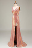 Sparkly Hot Pink Mermaid Ball Dress with Slit