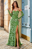 Olive Mermaid Floral Print Spaghetti Straps Long Ball Dress With Slit