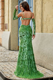 Olive Mermaid Floral Print Spaghetti Straps Long Ball Dress With Slit