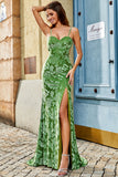 Olive Mermaid Floral Print Spaghetti Straps Long Ball Dress With Slit