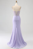 Glitter Lilac Corset Mermaid Spaghetti Straps Long Ball Dress with Slit