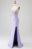 Glitter Lilac Corset Mermaid Spaghetti Straps Long Ball Dress with Slit