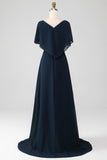Navy A-Line V-Neck Asymmetrical Sequins Mother of the Bride Dress With Beading