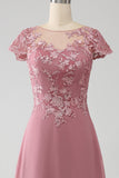 Dusty Rose A-Line Scoop Illusion Tea-Length Mother of the Bride Dress With Sequins