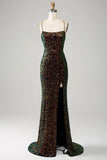 Glitter Black Spaghetti Straps Sequins Mermaid Ball Dress with Slit