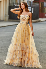 Yellow A-Line Halter Pleated Tulle Tiered Long Ball Dress With Embroidery