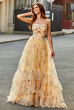 Yellow A-Line Halter Pleated Tulle Tiered Long Ball Dress With Embroidery