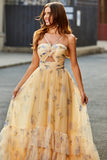 Yellow A-Line Halter Pleated Tulle Tiered Long Ball Dress With Embroidery
