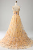 Yellow A-Line Halter Pleated Tulle Tiered Ball Dress With Embroidery