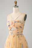 Yellow A-Line Halter Pleated Tulle Tiered Ball Dress With Embroidery