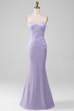 Lilac Sheath Strapless Corset Ball Dresses With Lace Appliques