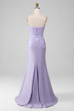 Lilac Sheath Strapless Corset Ball Dresses With Lace Appliques