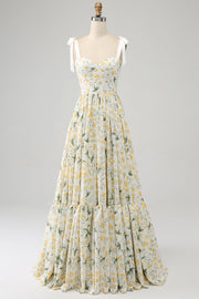 Ivory A-Line Spaghetti Straps Floral Long Ball Dress With Ruffles