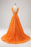 Orange A-Line Square Neck Floral Lace Long Ball Dress With Appliques