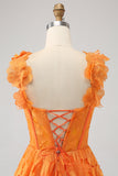 Orange A-Line Square Neck Floral Lace Long Ball Dress With Appliques