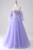 Lavender A-Line Strapless Tulle Long Ball Dress with Sleeves