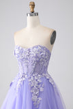 Lavender A-Line Strapless Tulle Long Ball Dress with Sleeves