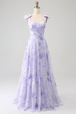 Lilac Corset Floral A-Line Spaghetti Straps Long Ball Dress