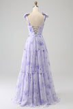 Lilac Corset Floral A-Line Spaghetti Straps Long Ball Dress