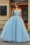 Spaghetti Straps Sky Blue A-Line Corset Ball Dress with Florals