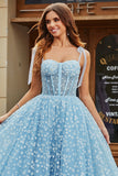 Spaghetti Straps Sky Blue A-Line Corset Ball Dress with Florals