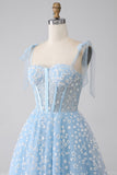 A-Line Spaghetti Straps Sky Blue Corset Ball Dress