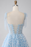 A-Line Spaghetti Straps Sky Blue Corset Ball Dress