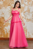 Princess A Line Spaghetti Straps Fuchsia Long Prom Dress with Ruffles