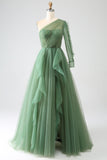 Dark Green A-Line One-Shoulder Long Ball Dresses With Long Sleeves